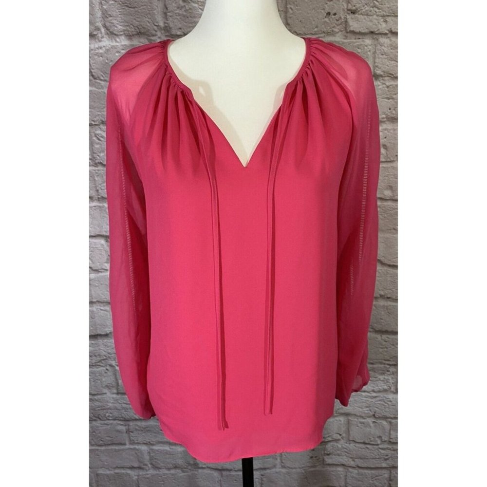 White House Black Market Womens SZ 0 Pink Shirt Lattice Cut Out Sleeve Top 9006